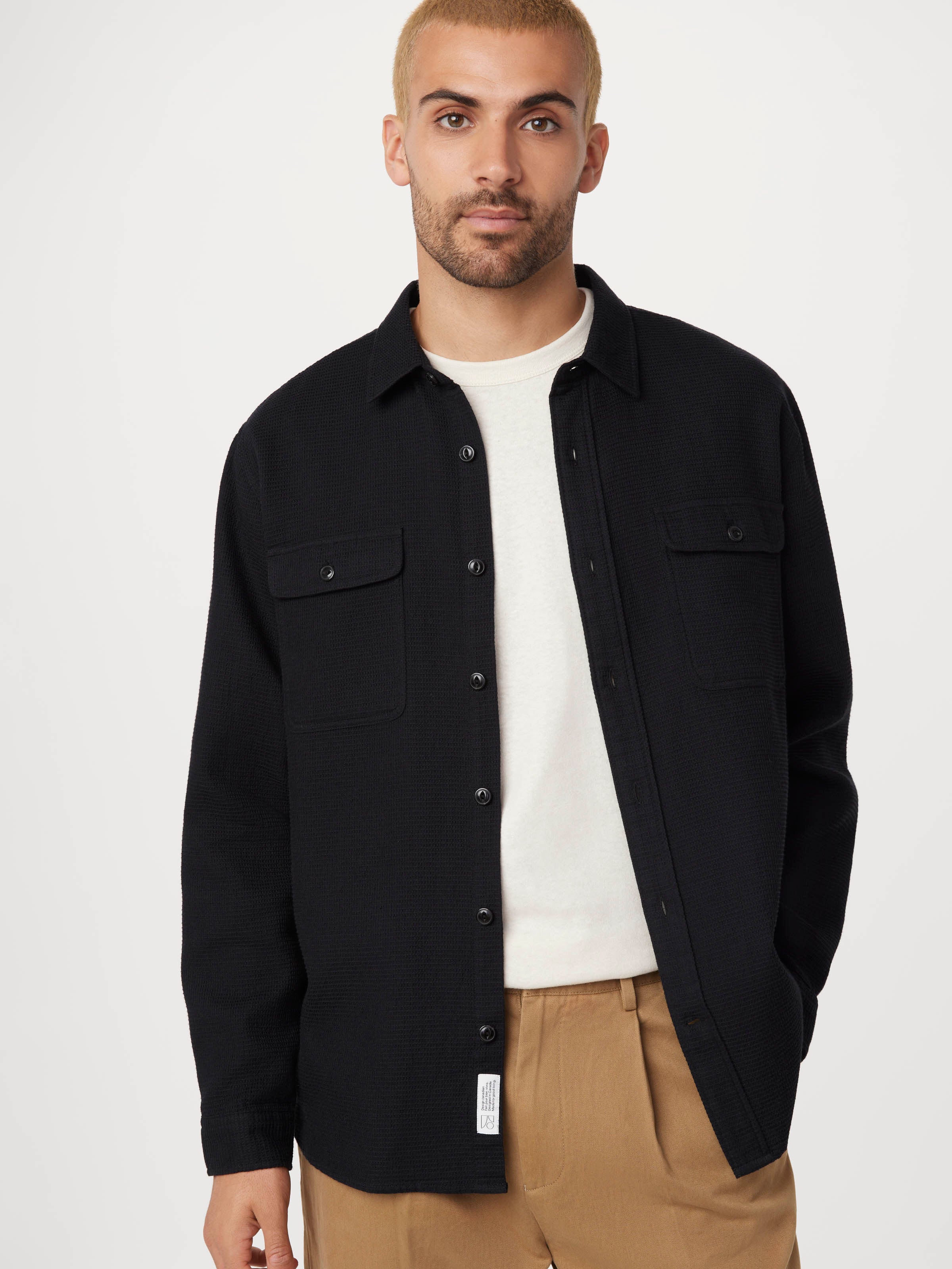 ★DRAW FIT★ Dwell Open Collar Waffle Shirt [BLACK] draw-fit