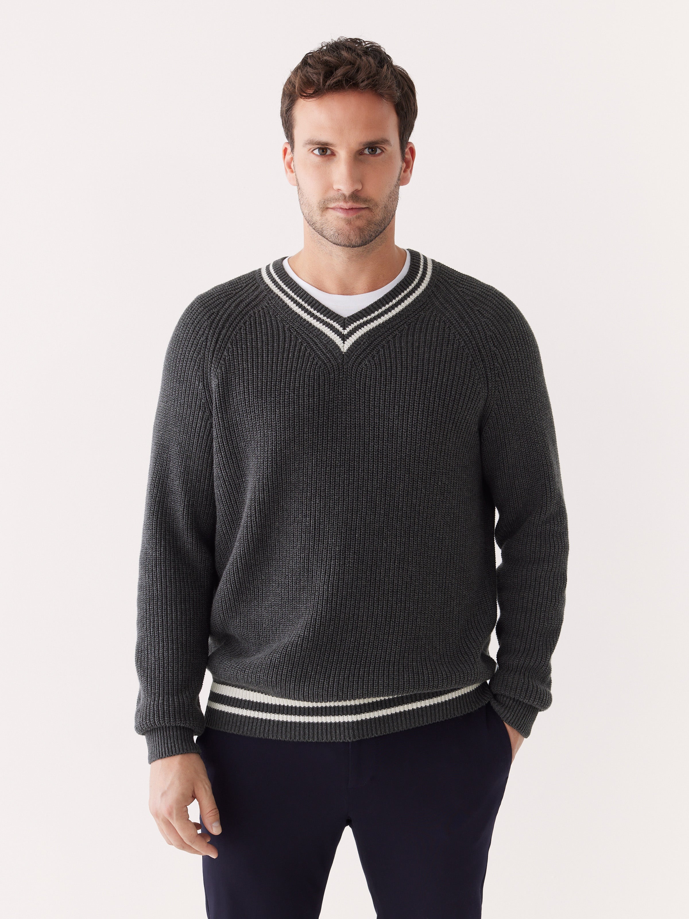 The Ribbed V Neck Sweater in Shadow Black