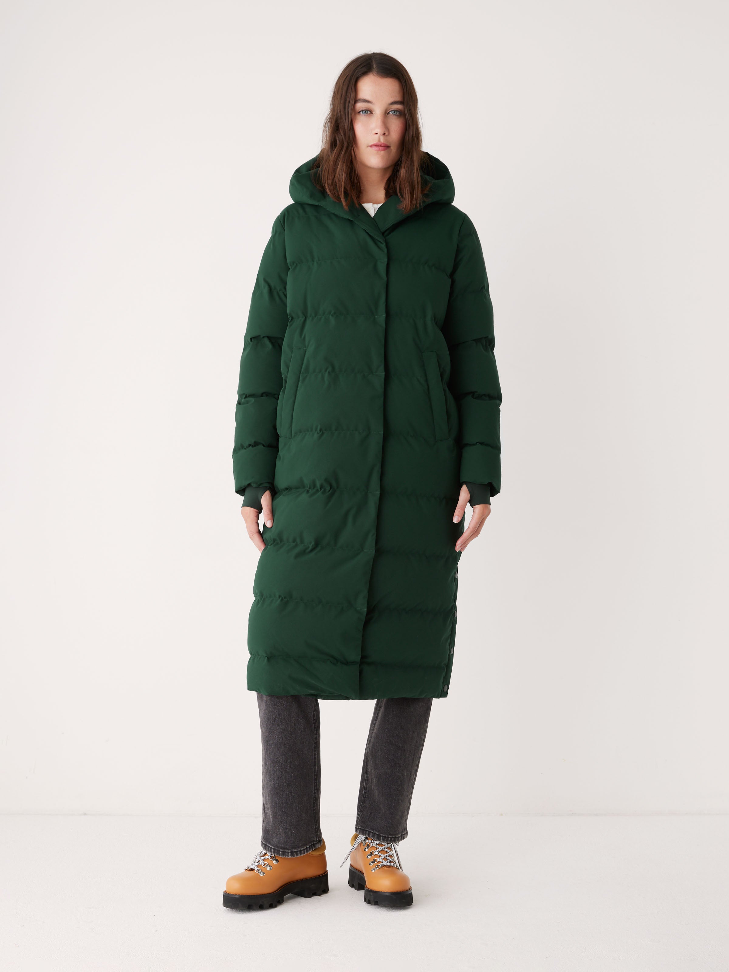 The Highland Long Puffer Coat in Forest Green