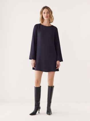 The Satin Bell Sleeve Dress in Dark Blue