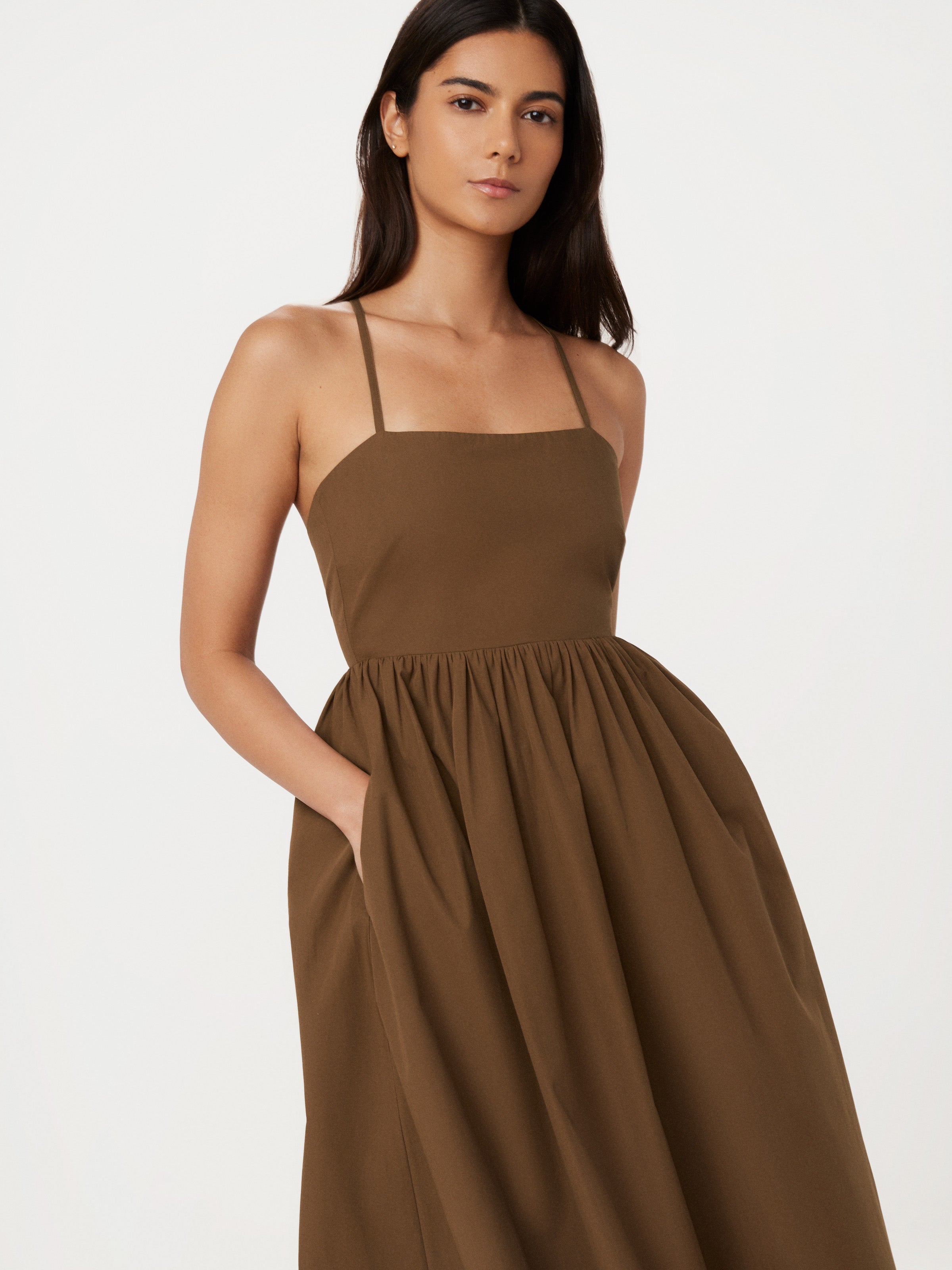 The Open Back Poplin Maxi Dress Sepia